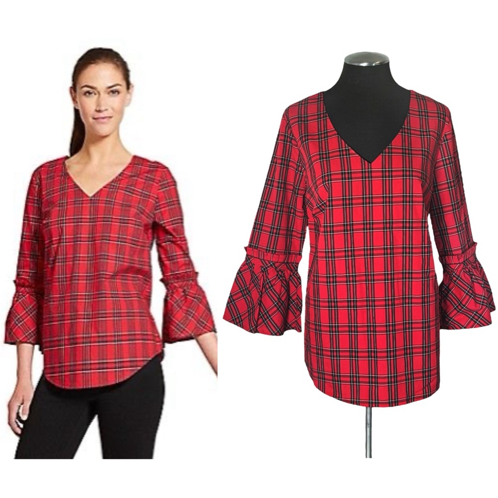 IZOD – Red Plaid Pleated Long Bell Sleeve Top – Medium